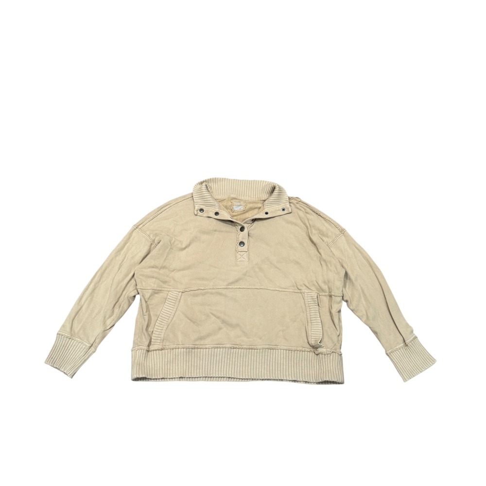 Aerie Tan Cotton French Terry Snap Up Henley Sweatshirt Oversized Tan L Large